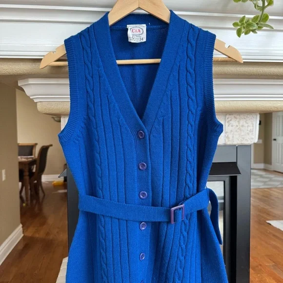 Vintage Retro Blue Cable Knit Belted Sweater Vest Wool Royal Blue - Picture 4 of 6
